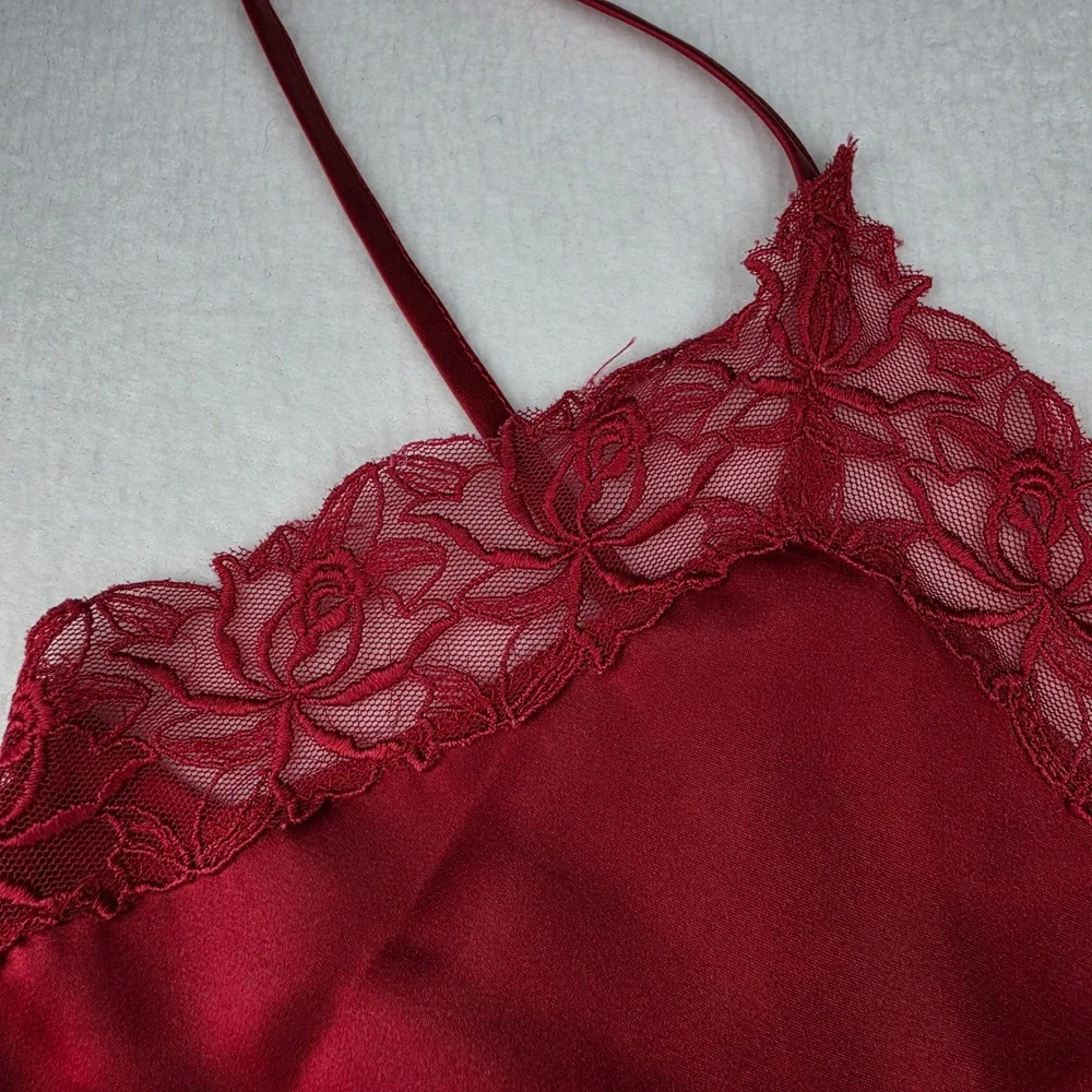 Victoria's Secret Gold Label Vintage Red Satin Lace Trim Chemise Slip Dress S